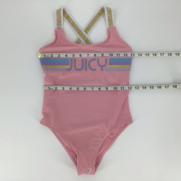 Juicy Couture Girl's NWT Pink One Piece Logo Gold Cross Strap Swimsuit, 14/16 - Picture 9 of 14